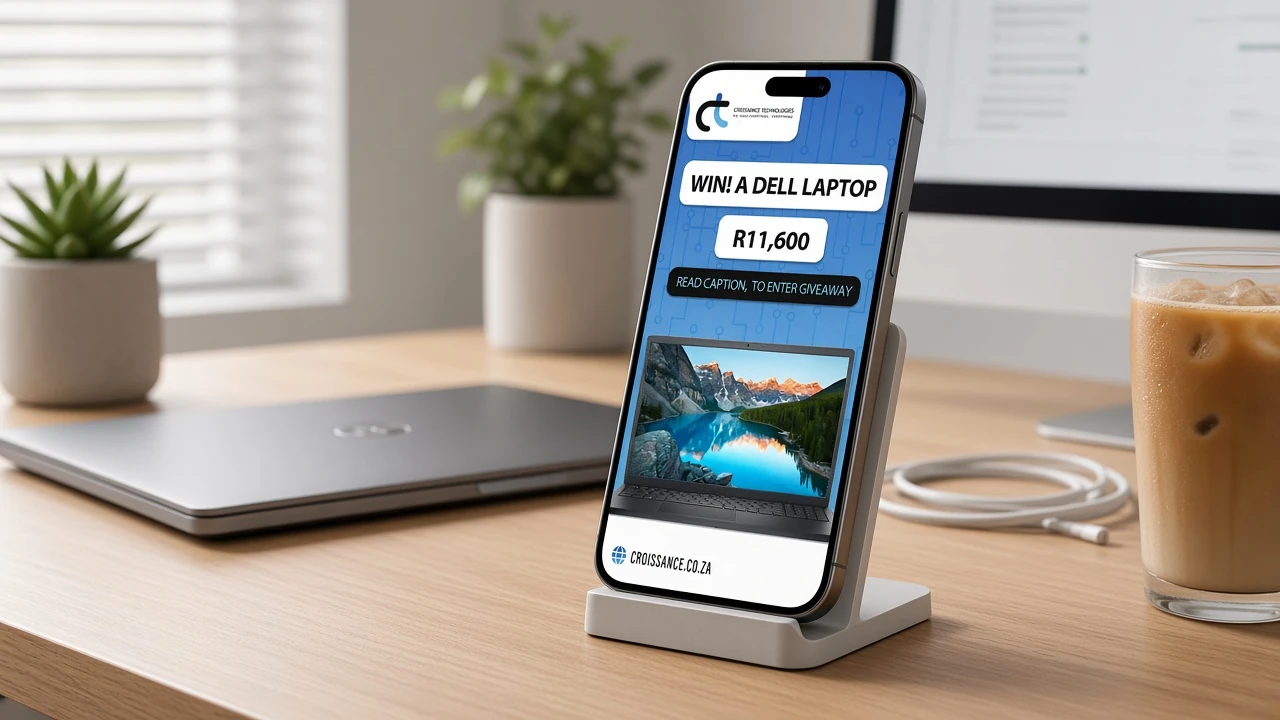 Croissance Technologies Dell laptop giveaway on Instagram, open on a phone at a desk