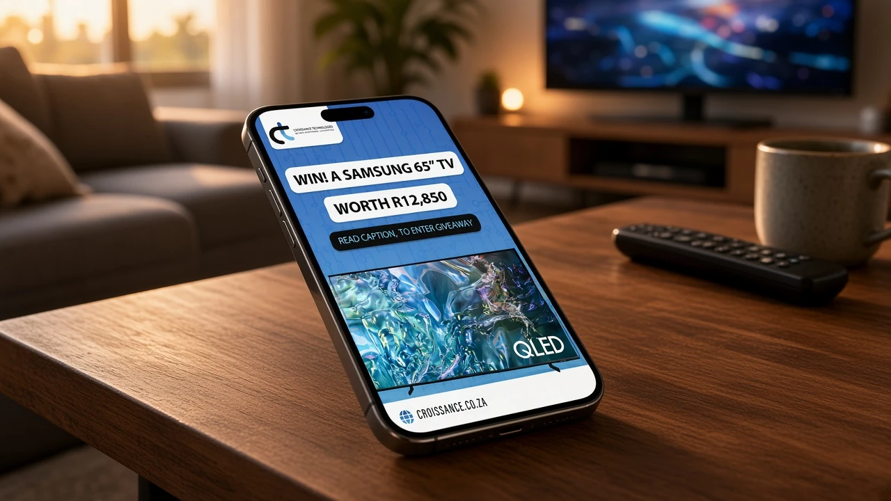 Croissance Technologies Samsung TV giveaway on Instagram, open on a phone at home