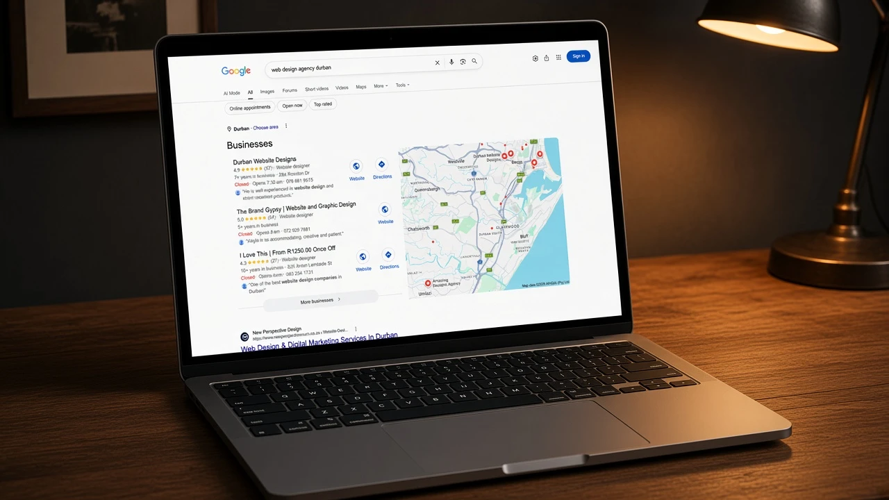 Real Google results for web design agency Durban — the local pack you pay to compete in