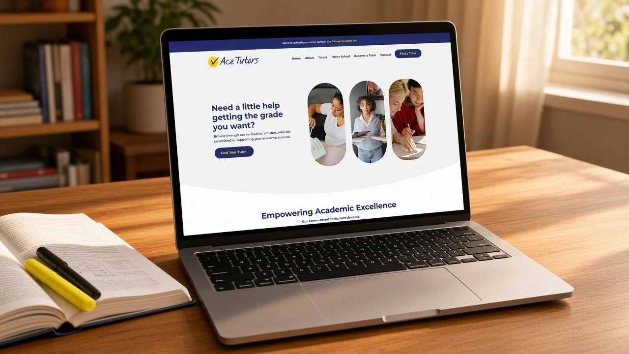 Ace Tutors homepage on a Mac — Find Your Tutor, then the intro and the tutors