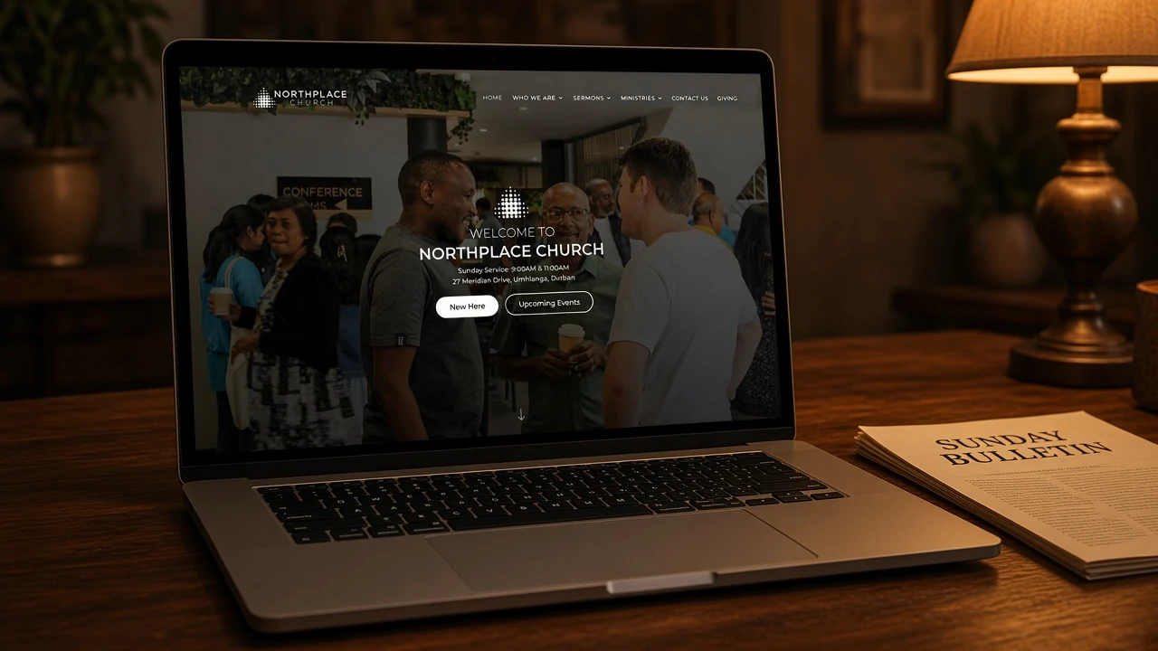 Northplace Church homepage on a Mac — Sunday times and the Umhlanga address in the hero