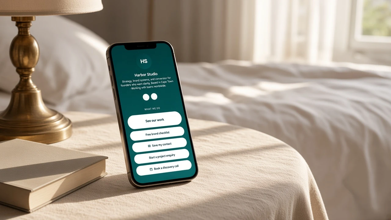 Harbor Studio link-in-bio on a phone, with links for work, a brand checklist, contact card, enquiry form and booking
