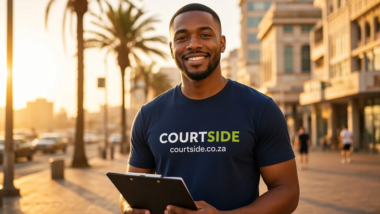 Courtside staff tee with courtside.co.za on the artwork