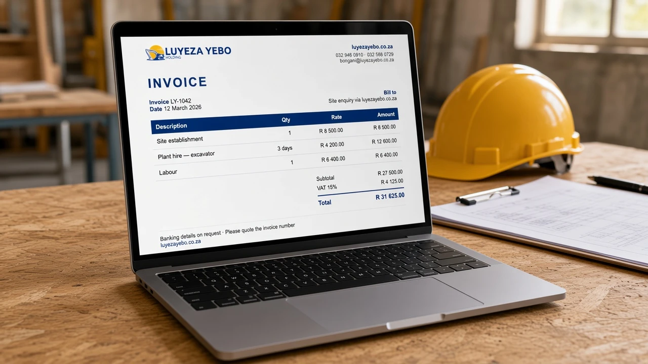 A Luyeza Yebo Holdings invoice with luyezayebo.co.za on the letterhead