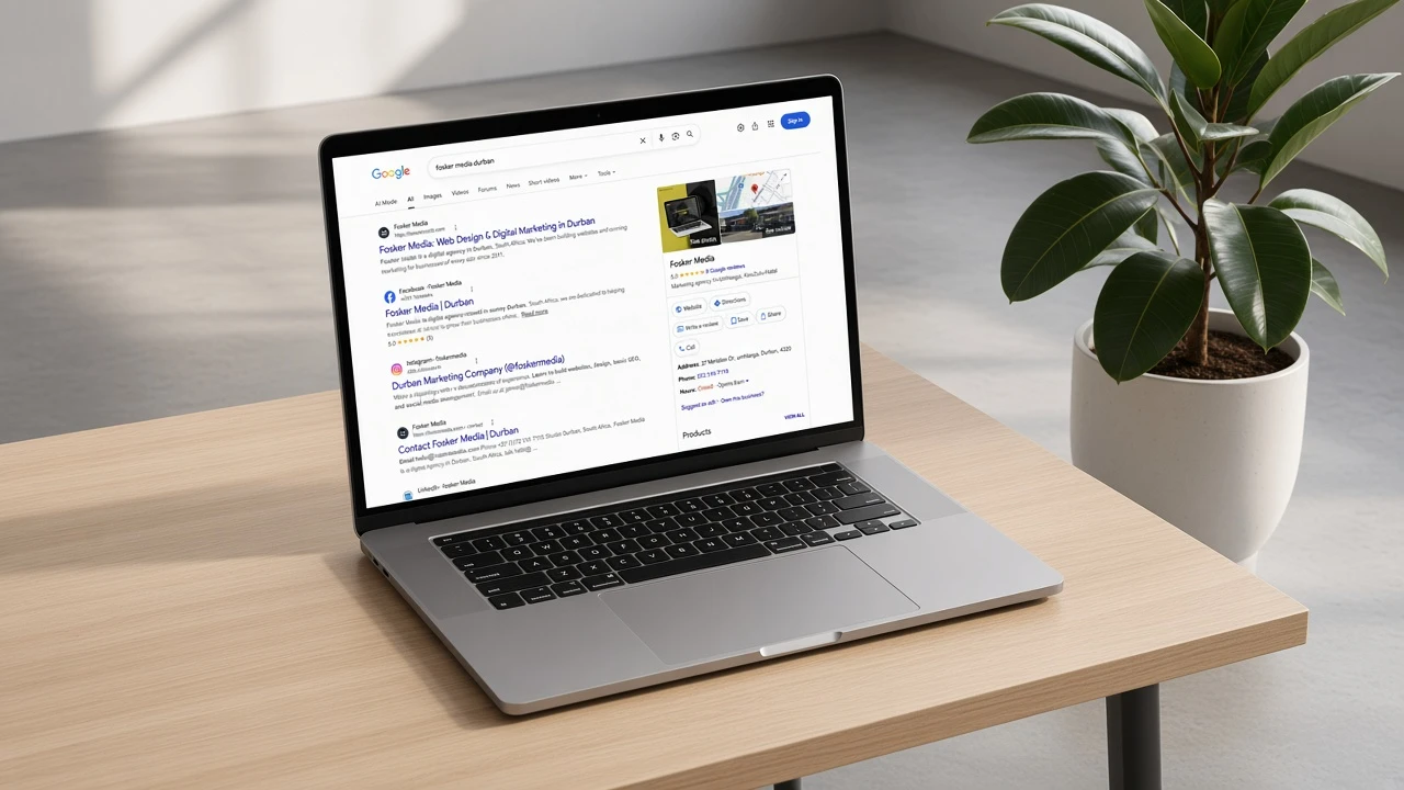 Real Google results for Fosker Media — Facebook and Instagram sit under the website