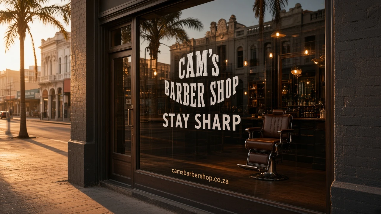 Cam's Barber Shop door vinyl with the website