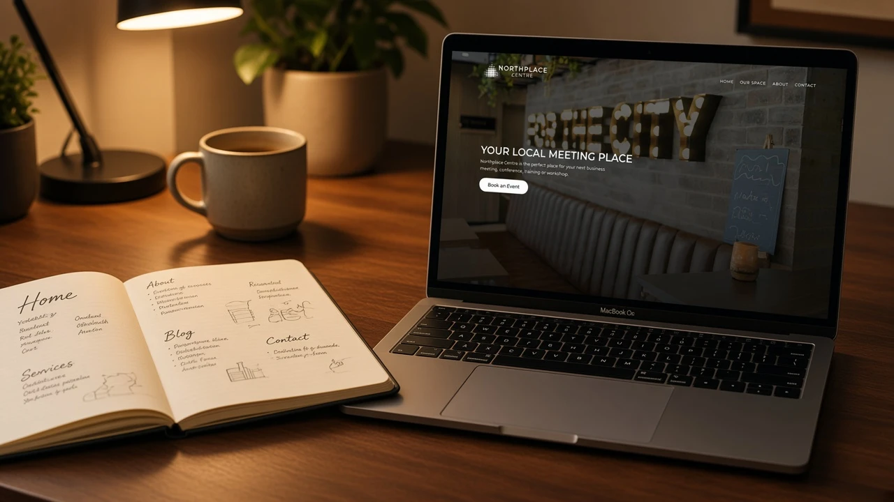Northplace Centre on a laptop next to a sitemap for Home, Services, About, Blog and Contact