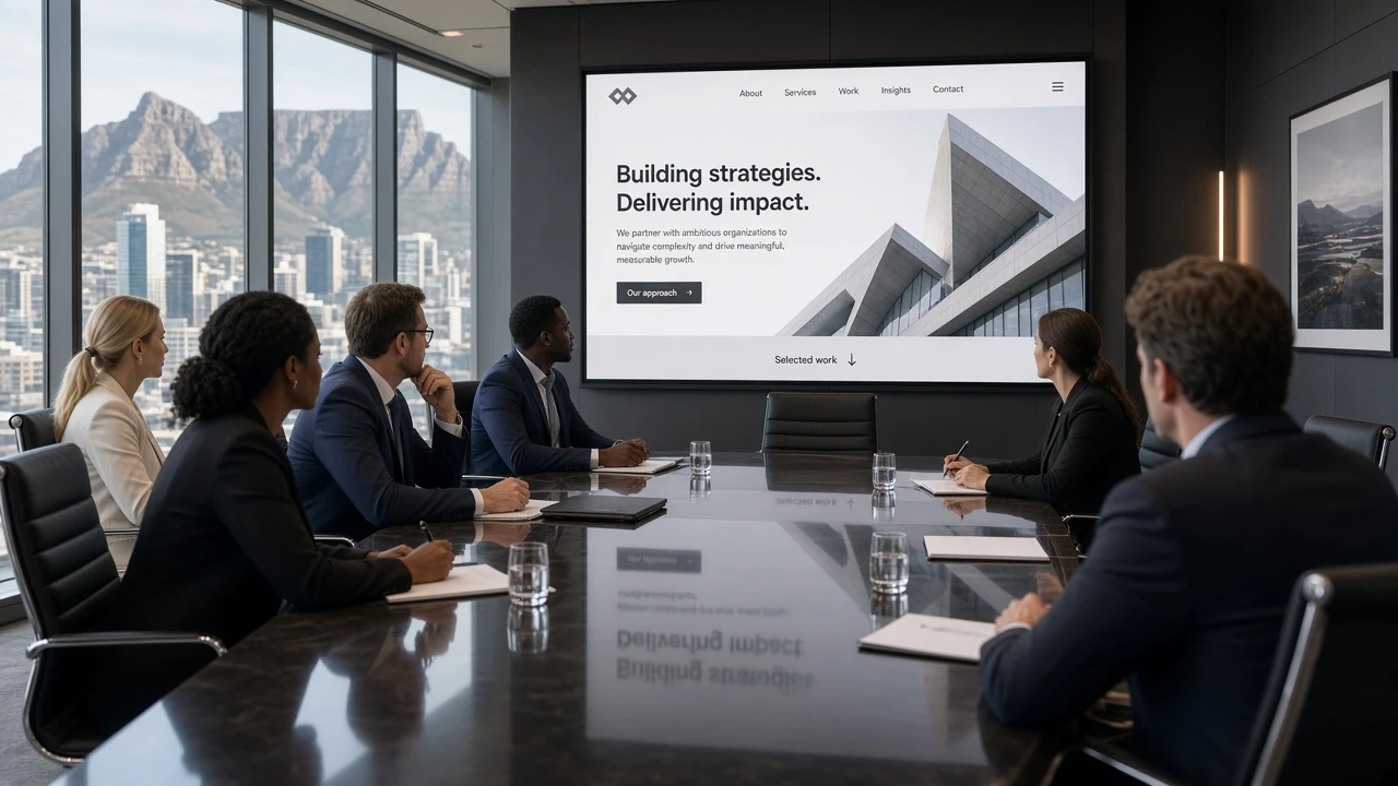 A large agency boardroom reviewing a corporate website